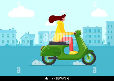 Girl riding retro style scooter on city road. Young woman drives green moped on street. Female vintage motorcycle driver. Hipster on bike life in motion lifestyle vector eps illustration Stock Vector