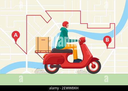 Delivery young male courier riding scooter with package product box. Fast moped shipping service concept on city map navigation route GPS pins. Express goods or food logistic order vector illustration Stock Vector