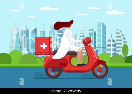 Medicine scooter delivery pharmacy. Female doctor in protection mask riding retro motorbike with medical surgical sanitary box first aid on city road. Physician woman on red moped vector illustration Stock Vector