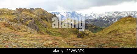Panorama of mountains in Thorsmoerk, Fimmvoerduhals hiking trail in Iceland Stock Photo