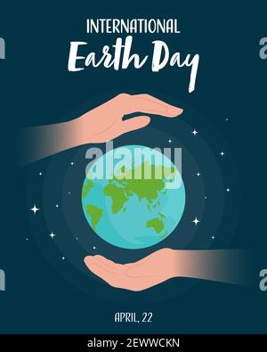 World international Earth Day banner. Hands holding the planet. Vector illustration. Save the planet concept Stock Vector