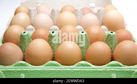 twenty rustic brown eggs lie in cardboard boxes on a wooden white table Stock Photo