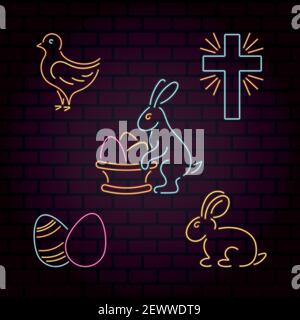 Set of vector neon Easter icons: rabbit, cross, eggs, chicken on a brick wall background Stock Vector