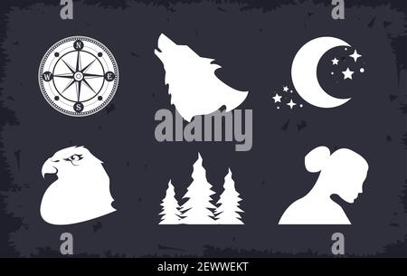 double exposure set six icons Stock Vector