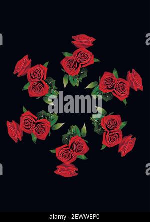 Frames - a bouquet of three red roses. Flowers on the black background of the A4, vertical image. Isolate. Plants Stock Vector