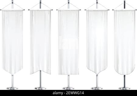 Blank white long mock up pennants flags  banners hanging on pole stand support realistic set vector illustration Stock Vector