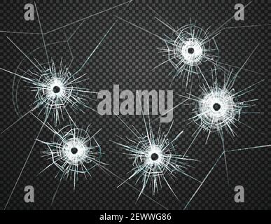 Five bullet holes in glass closeup realistic image against dark transparent background vector illustration Stock Vector