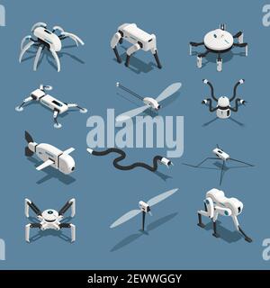 Set of isometric icons bio robots in form of animals isolated on blue background vector illustration Stock Vector