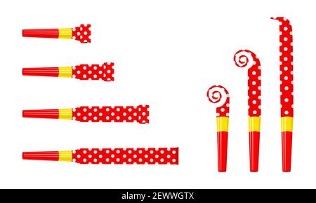 Party noise makers, blowers isolated on white background. Rolled and unrolled red polka dot sound whistles. Side and top view. Celebration concept. Vector cartoon illustration. Stock Vector