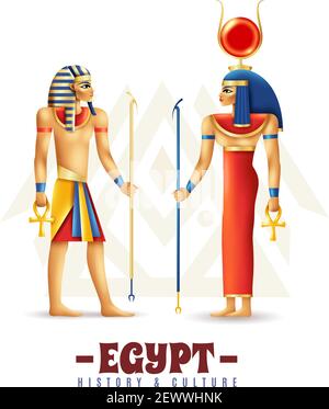 Egypt history and culture design concept in cartoon style with hathor and pharaoh persons vector illustration Stock Vector