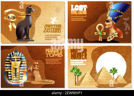 Egypt banners set of pharaohs tomb world wonder lost civilization myths and legends cartoon compositions vector illustration Stock Vector