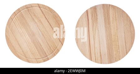 Two large wooden round cutting boards of light hardwood isolated on white Stock Photo
