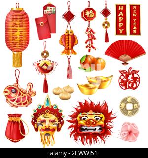 Chinese new year set of dragon mask oranges red envelopes bag of coins traditional dishes and plum flowers cartoon vector illustration Stock Vector