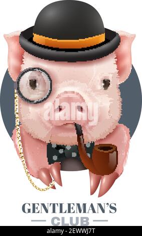 Gentlemans club vector illustration with realistic portrait of pig in bowler hat with smoking pipe and bow tie Stock Vector
