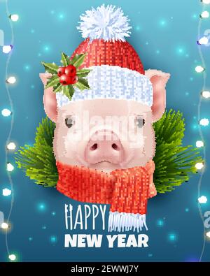 Christmas realistic vector illustration with pig head in winter knitted cap and happy new year inscription Stock Vector