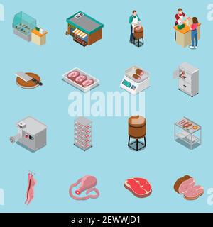 Butchery sausage shop isometric icons collection of sixteen isolated icons with human characters and production facilities vector illustration Stock Vector