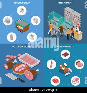 Butchery sausage shop isometric 2x2 design concept with isolated pictograms and icons with meat products vector illustration Stock Vector