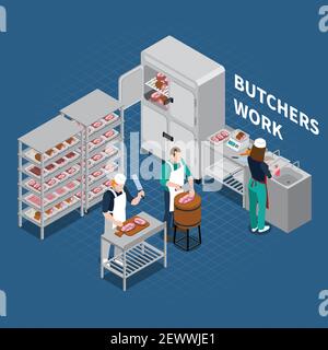 Butchery sausage shop isometric composition of editable text and human characters with slaughterman and meat man vector illustration Stock Vector