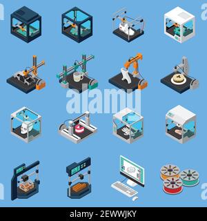 3D printing industry isometric icons collection with isolated icons of industrial stitching facilities and sewings machines vector illustration Stock Vector