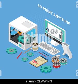 Printing industry isometric composition with images of three dimensional printer with computer and software with text vector illustration Stock Vector