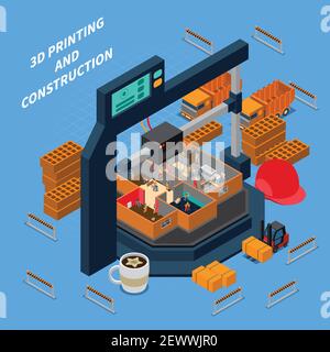 Printing industry isometric composition with images of 3d printing facilities with bricks and editable text vector illustration Stock Vector