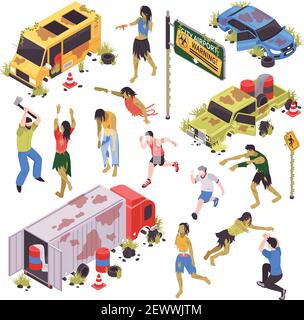 Isometric zombie apocalypse attack set with isolated human characters zombies with broken road signs and cars vector illustration Stock Vector