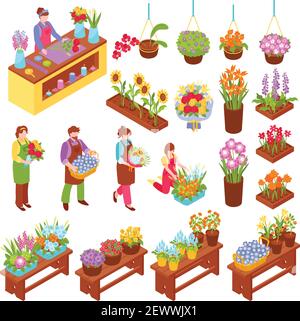Florist isometric set of bouquets of flowers in pots and vases for flower shop with employee and seller isolated vector illustration Stock Vector