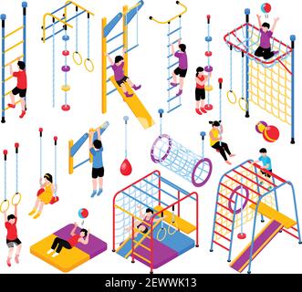 Isometric children home sport complex equipment set with isolated gymnastic apparatus elements and kids climbing frames vector illustration Stock Vector