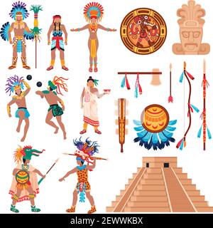 Maya civilization set of isolated ethnic items idols and human characters elements of american tribal culture vector illustration Stock Vector