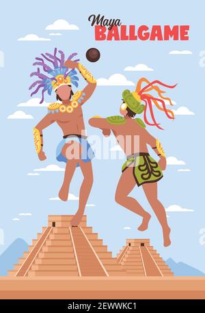 Maya civilization backround vertical composition of two ancient human characters playing ball in front of pyramids vector illustration Stock Vector
