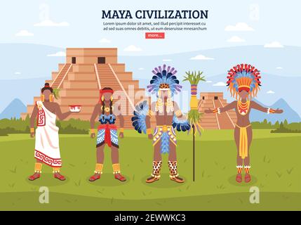 Maya civilization background composition with flat human characters editable text pyramid buildings and read more button vector illustration Stock Vector