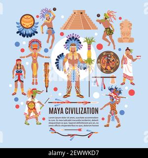 Maya civilization background composition of ethnic human characters traditional symbols and abstract shapes with editable text vector illustration Stock Vector