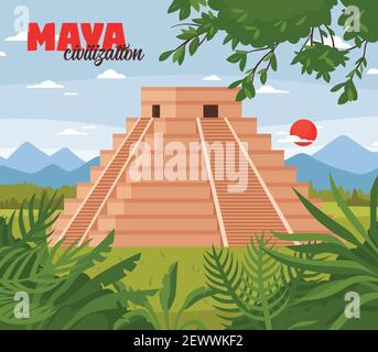Maya civilization landscape illustration with outdoor jungle scenery with skyline and pyramid shaped ancient maya building vector illustration Stock Vector