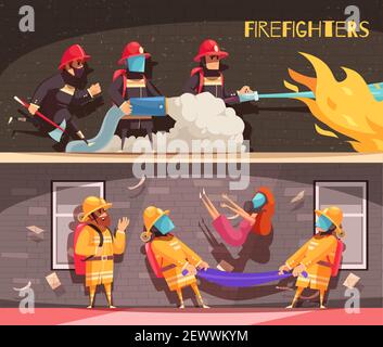 Set of two horizontal firefighter banners with cartoon style images and human characters in fire situations vector illustration Stock Vector