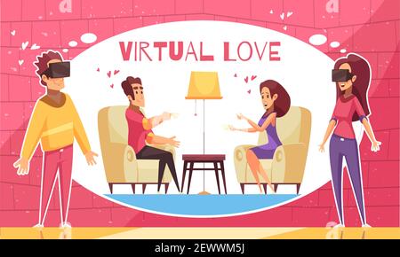 Virtual love compoaision with flat cartoon style human characters having virtual date in augmented reality goggles vector illustration Stock Vector