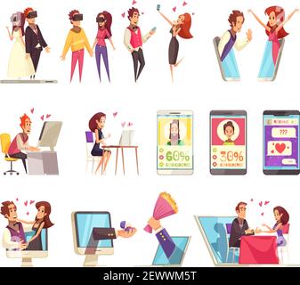 Virtual and real love set with isolated icons of gadgets and dating apps with human characters vector illustration Stock Vector