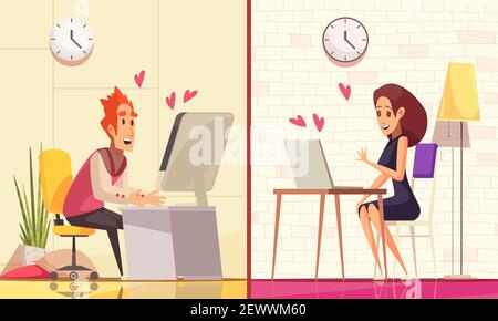 Virtual and real love compositions set with domestic interiors and characters of couple sitting at computers vector illustration Stock Vector