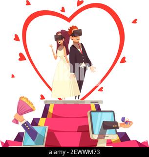 Virtual love wedding composition with two cartoon style human characters in augmented reality goggles with gadgets vector illustration Stock Vector