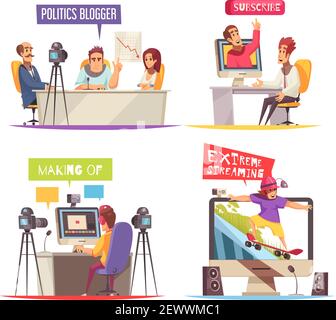 Blogger design concept with compositions of blogger human characters recording broadcasts on various subjects with text vector illustration Stock Vector