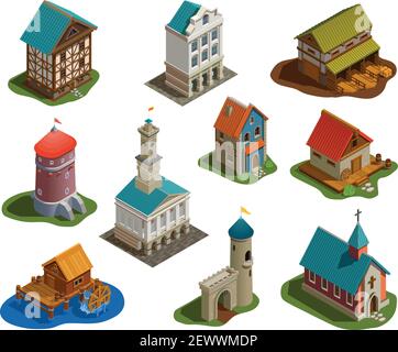 Medieval sttlement architecture isometric buildings set with castle church tower bridge water mill farm isolated vector illustration Stock Vector