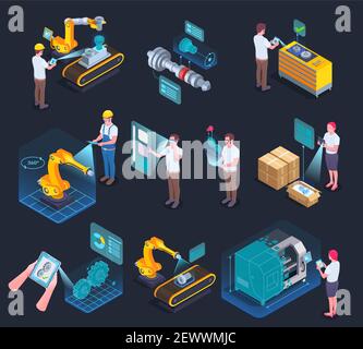 Industrial applications of augmented reality supporting manufacturing process technology isometric elements collection black background isolated vecto Stock Vector