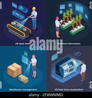 Industrial augmented reality concept 4 applications with 3d real time process  visualization technology isometric set vector illustration Stock Vector
