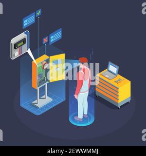 Industrial augmented reality applications isometric composition with virtual assistant controlling automated manufacturing process black background ve Stock Vector