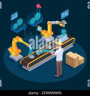 Industrial augmented reality applications isometric composition with computer assisted manufacturing using 3d holographic display technology vector il Stock Vector