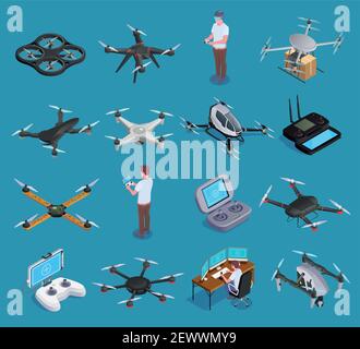 Drones quadrocopters hexacopters air transportation delivery surveillance with virtual reality remote controllers isometric set isolated vector illust Stock Vector