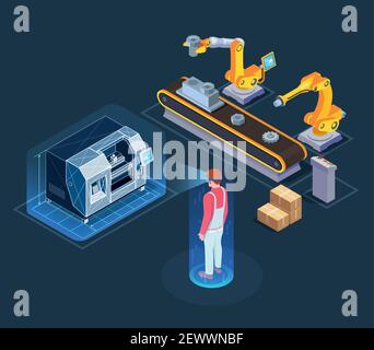 Industrial augmented reality applications with automated robotic production line virtual assistant isometric composition black background vector illus Stock Vector