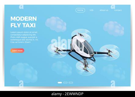 Quadrocopter drone passenger carrying device service isometric composition web page design with modern flying taxi vector illustration Stock Vector
