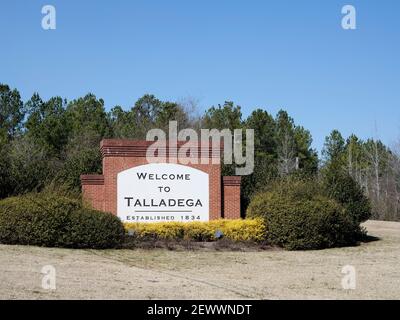 Talladega Alabama welcome sign entering the city of Talladega. Stock Photo