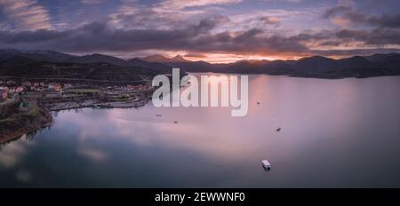 sunrise in reservoir from aerial view in panoramic Stock Photo