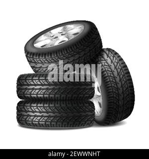 Complete set of car wheels with alloy rims and new tires realistic composition vector illustration Stock Vector